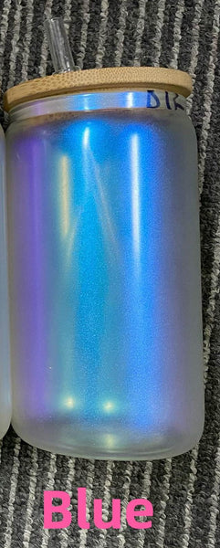 16oz IRIDESCENT SUBLIMATION CAN SHAPED GLASS CUPS - BAMBOO LIDS AND GLASS STRAWS
